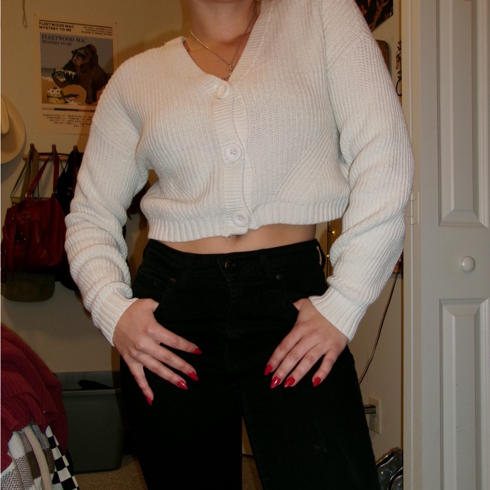 Cream Cropped Knit Button-Front Cardigan - Hollister